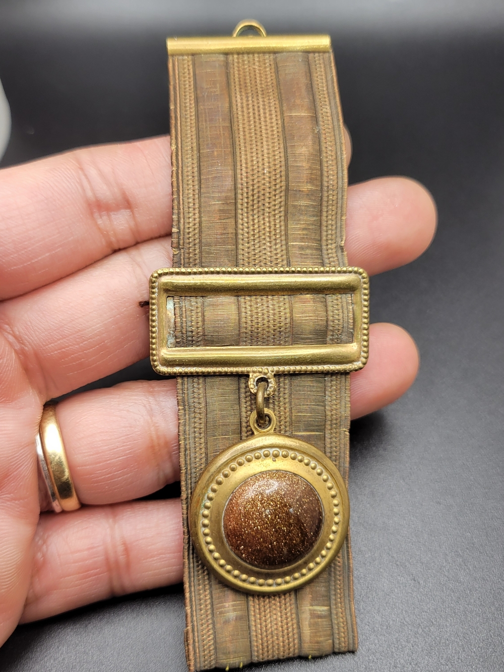 Victorian Gold Fill Mesh Watch Guard Slide Goldstone Cabochon Pendant